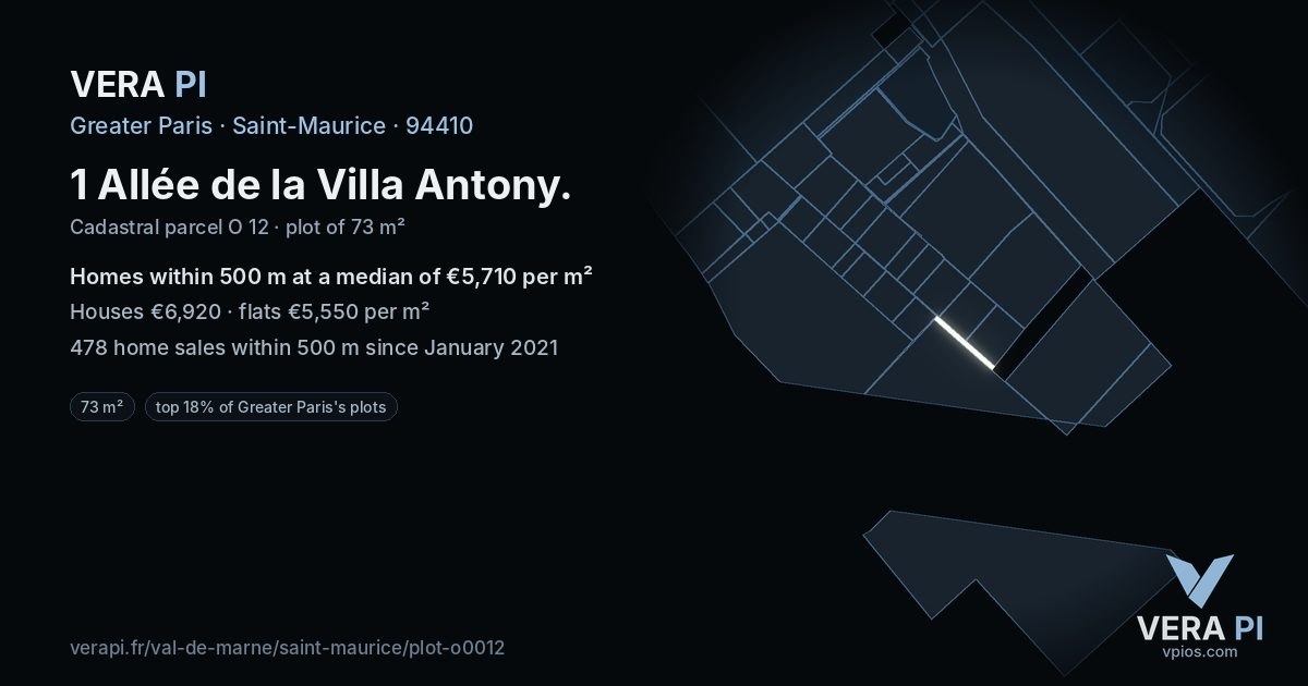 1 Allée de la Villa Antony, Saint-Maurice at night – the plot lit, the parcels around coloured by the prices near them