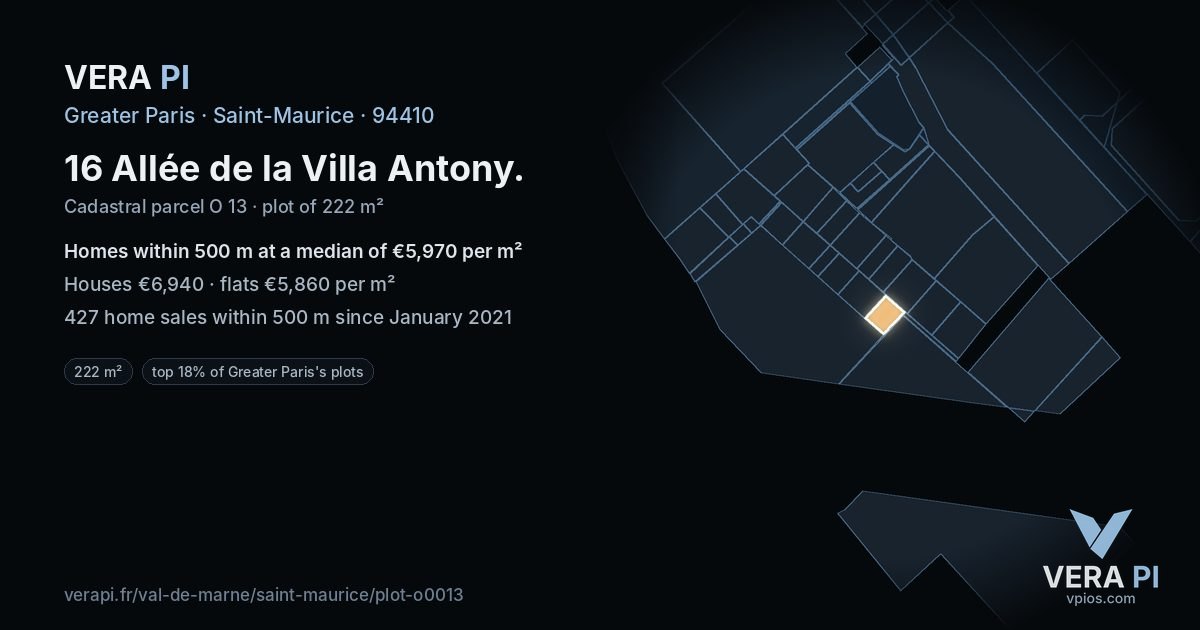 16 Allée de la Villa Antony, Saint-Maurice at night – the plot lit, the parcels around coloured by the prices near them