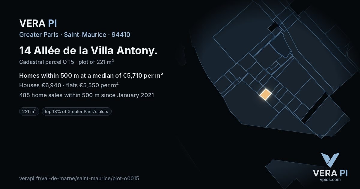 14 Allée de la Villa Antony, Saint-Maurice at night – the plot lit, the parcels around coloured by the prices near them