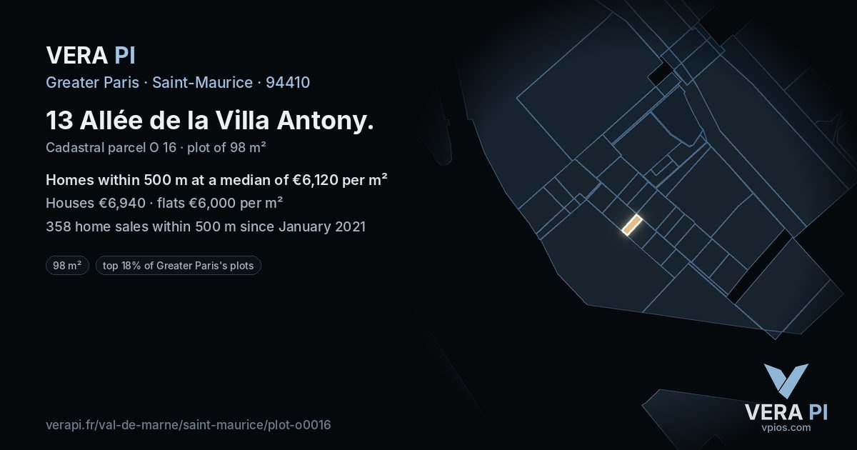 13 Allée de la Villa Antony, Saint-Maurice at night – the plot lit, the parcels around coloured by the prices near them
