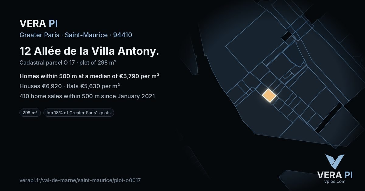12 Allée de la Villa Antony, Saint-Maurice at night – the plot lit, the parcels around coloured by the prices near them