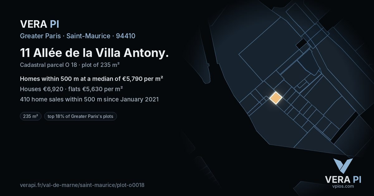 11 Allée de la Villa Antony, Saint-Maurice at night – the plot lit, the parcels around coloured by the prices near them