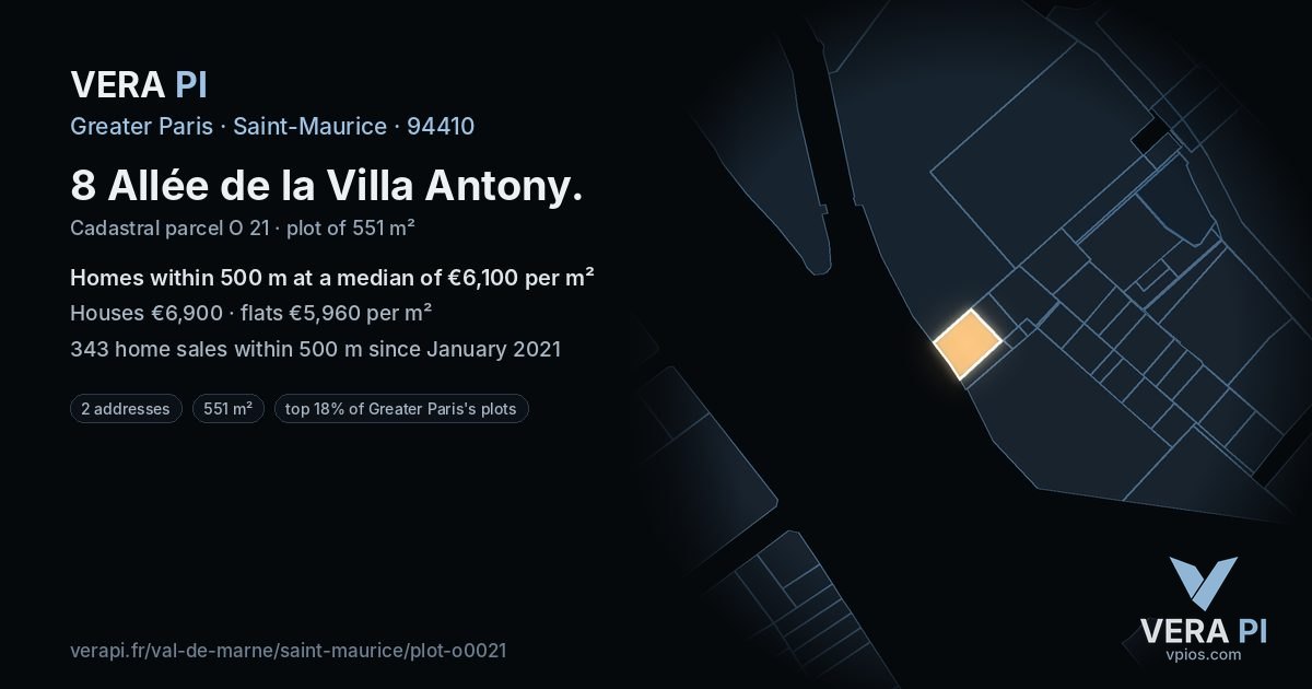 8 Allée de la Villa Antony, Saint-Maurice at night – the plot lit, the parcels around coloured by the prices near them