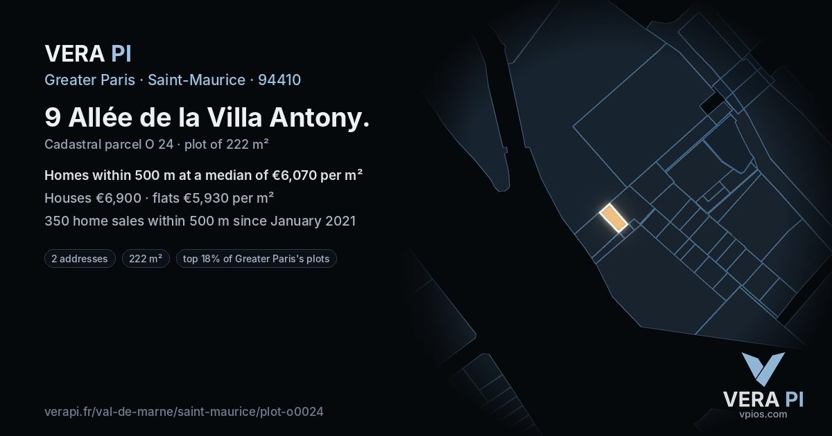 9 Allée de la Villa Antony, Saint-Maurice at night – the plot lit, the parcels around coloured by the prices near them