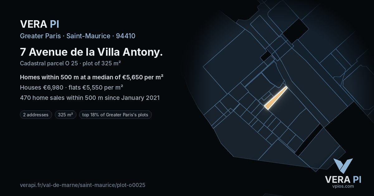 7 Avenue de la Villa Antony, Saint-Maurice at night – the plot lit, the parcels around coloured by the prices near them
