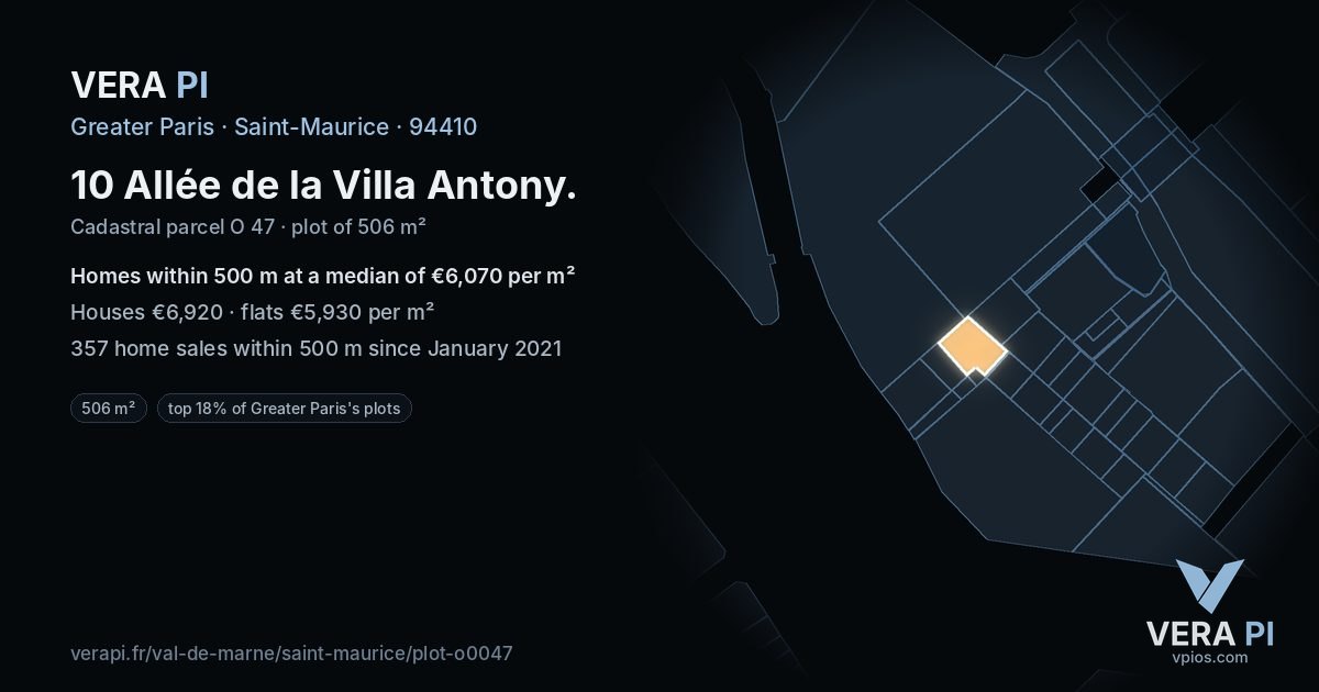 10 Allée de la Villa Antony, Saint-Maurice at night – the plot lit, the parcels around coloured by the prices near them