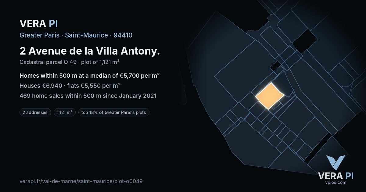 2 Avenue de la Villa Antony, Saint-Maurice at night – the plot lit, the parcels around coloured by the prices near them