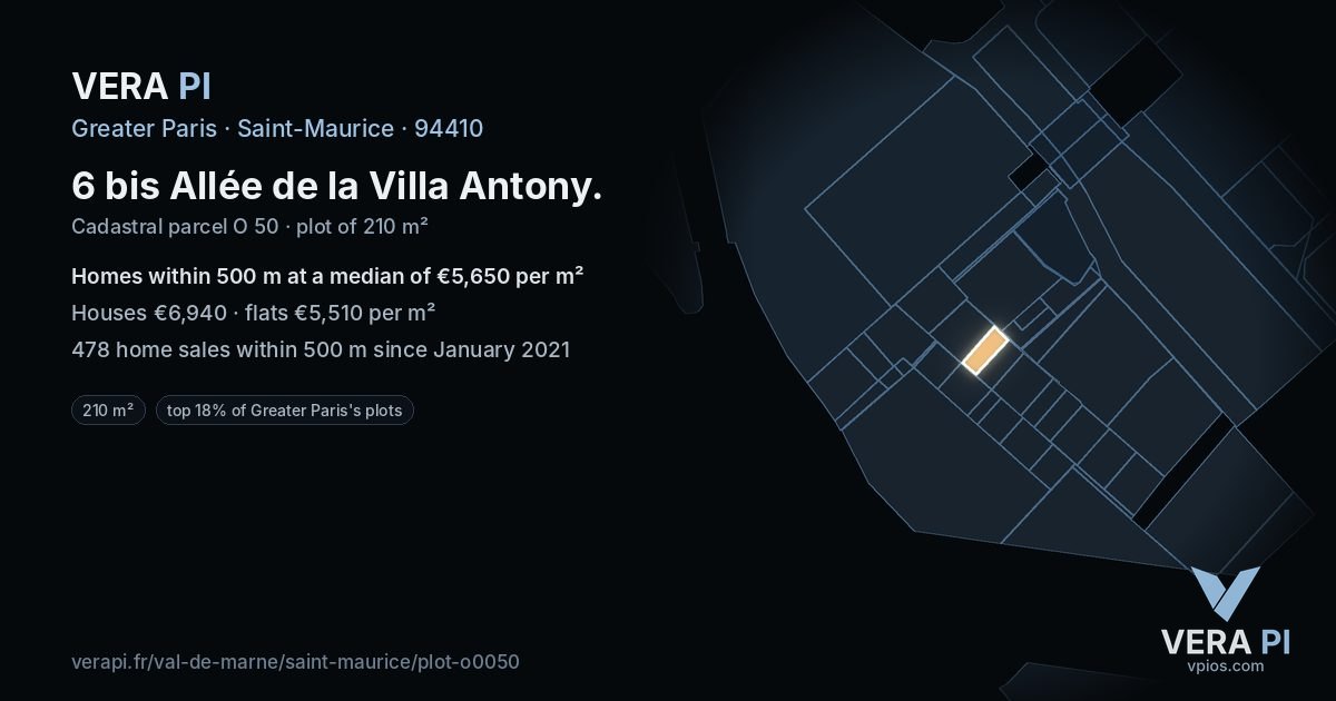 6 bis Allée de la Villa Antony, Saint-Maurice at night – the plot lit, the parcels around coloured by the prices near them