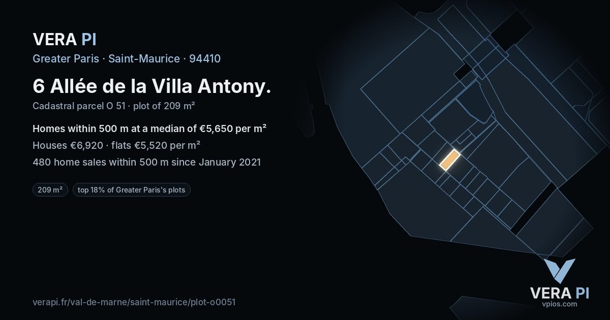 6 Allée de la Villa Antony, Saint-Maurice at night – the plot lit, the parcels around coloured by the prices near them