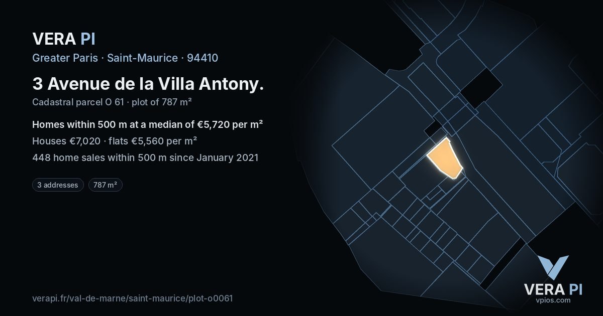 3 Avenue de la Villa Antony, Saint-Maurice at night – the plot lit, the parcels around coloured by the prices near them