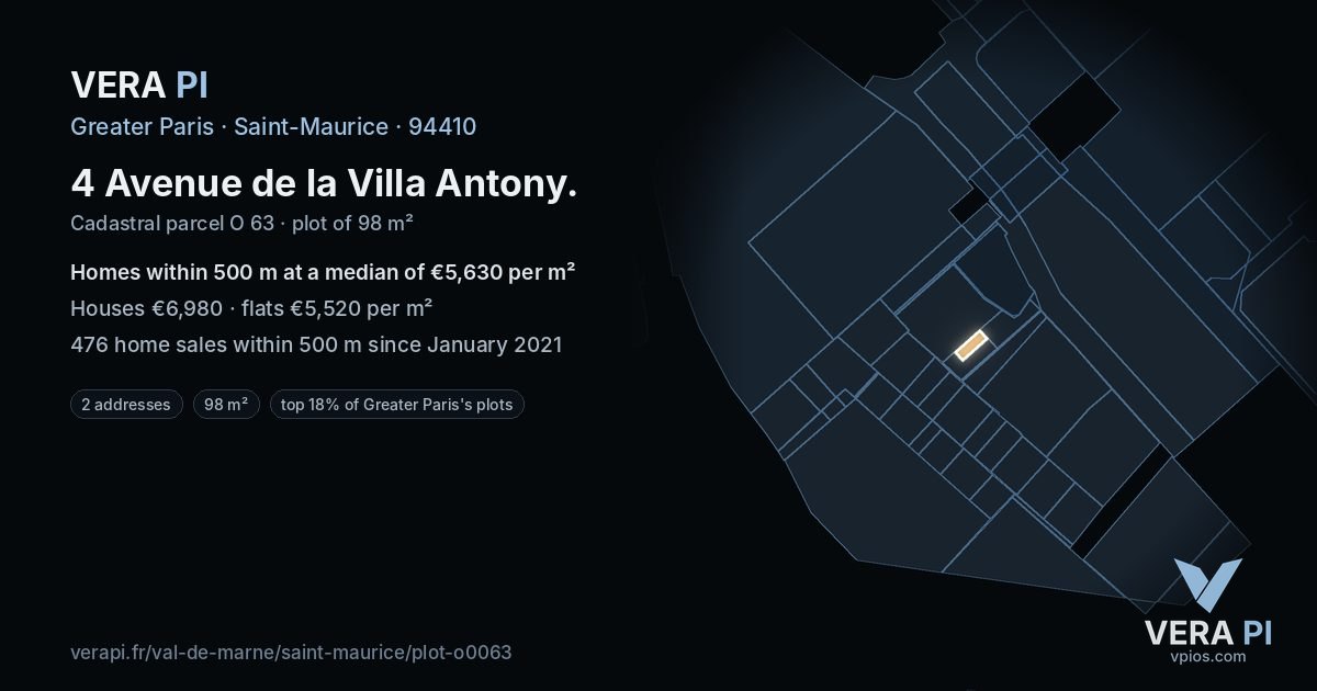 4 Avenue de la Villa Antony, Saint-Maurice at night – the plot lit, the parcels around coloured by the prices near them