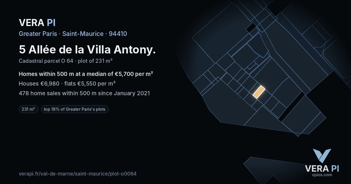 5 Allée de la Villa Antony, Saint-Maurice at night – the plot lit, the parcels around coloured by the prices near them