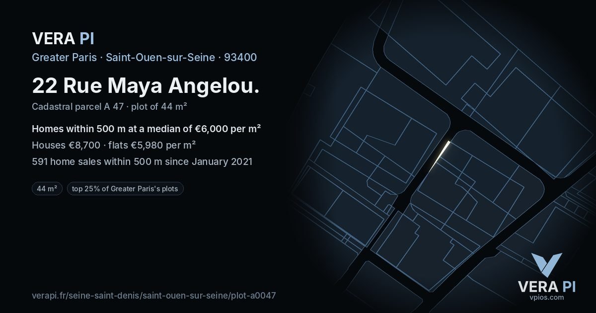 22 Rue Maya Angelou, Saint-Ouen-sur-Seine at night – the plot lit, the parcels around coloured by the prices near them