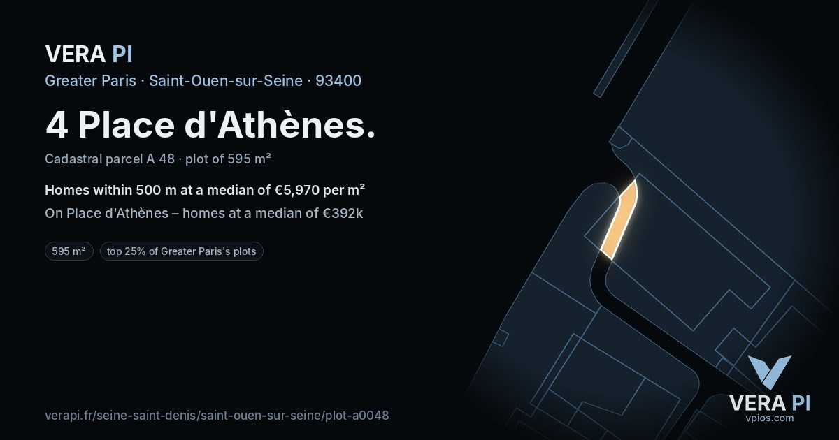 4 Place d'Athènes, Saint-Ouen-sur-Seine at night – the plot lit, the parcels around coloured by the prices near them