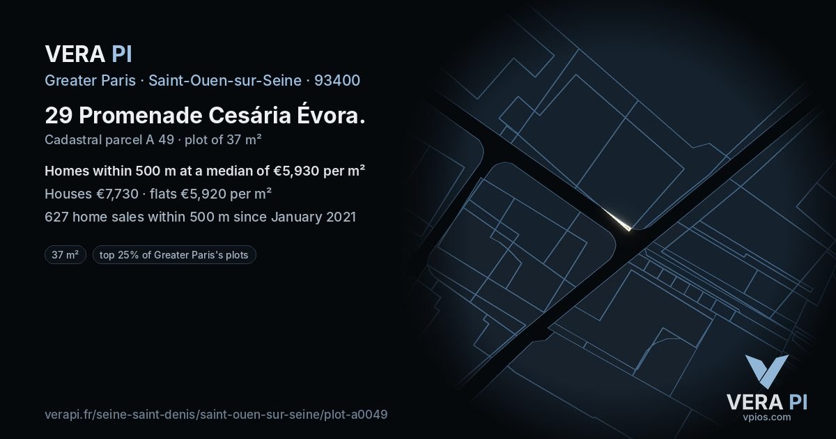 29 Promenade Cesária Évora, Saint-Ouen-sur-Seine at night – the plot lit, the parcels around coloured by the prices near them