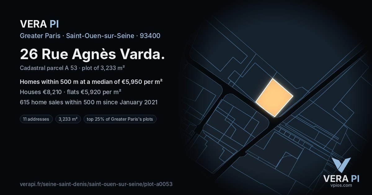 26 Rue Agnès Varda, Saint-Ouen-sur-Seine at night – the plot lit, the parcels around coloured by the prices near them