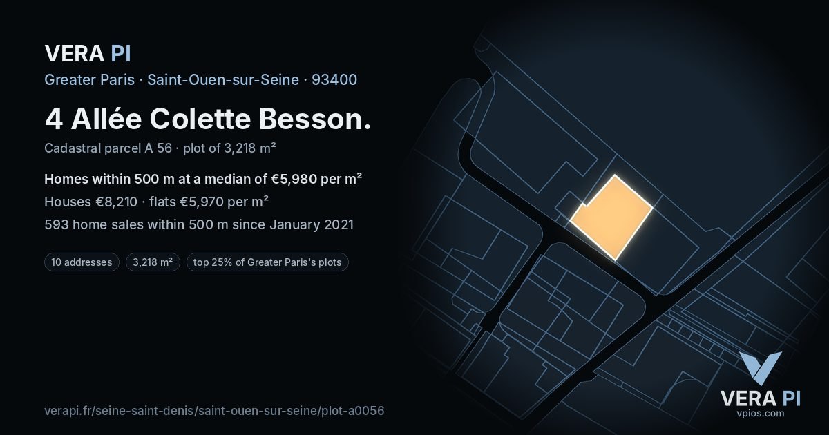4 Allée Colette Besson, Saint-Ouen-sur-Seine at night – the plot lit, the parcels around coloured by the prices near them