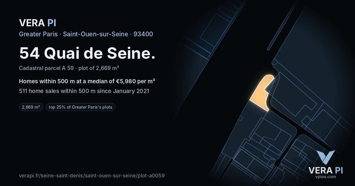 54 Quai de Seine, Saint-Ouen-sur-Seine at night – the plot lit, the parcels around coloured by the prices near them