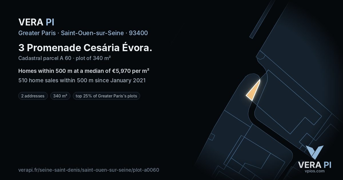 3 Promenade Cesária Évora, Saint-Ouen-sur-Seine at night – the plot lit, the parcels around coloured by the prices near them