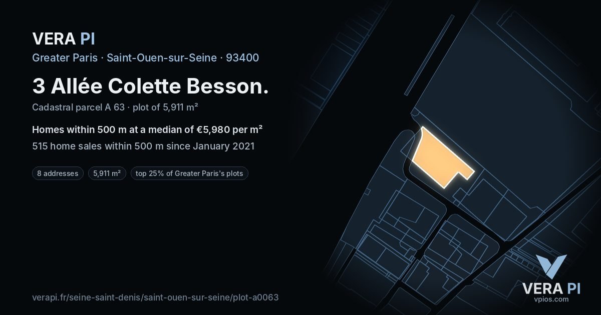 3 Allée Colette Besson, Saint-Ouen-sur-Seine at night – the plot lit, the parcels around coloured by the prices near them