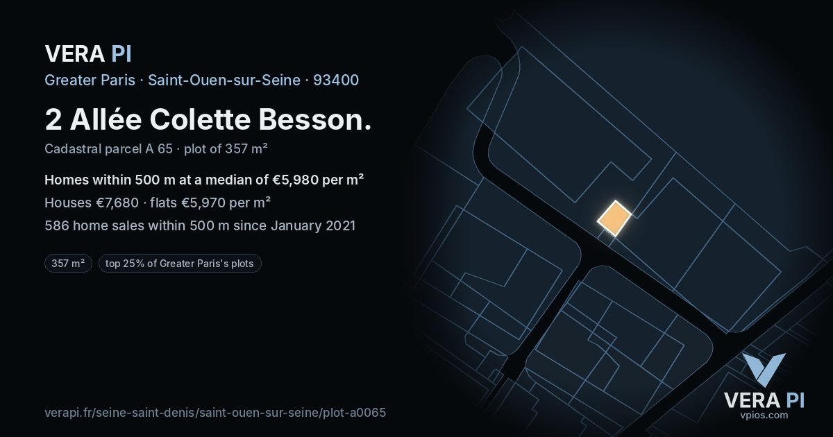 2 Allée Colette Besson, Saint-Ouen-sur-Seine at night – the plot lit, the parcels around coloured by the prices near them