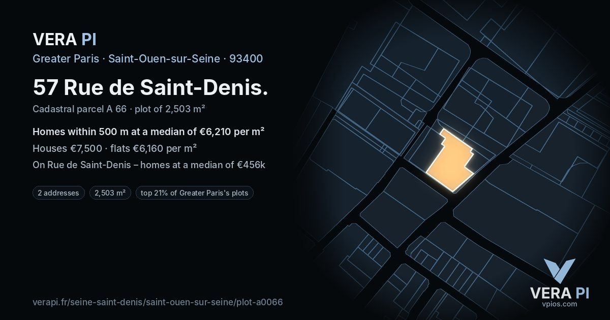 57 Rue de Saint-Denis, Saint-Ouen-sur-Seine at night – the plot lit, the parcels around coloured by the prices near them