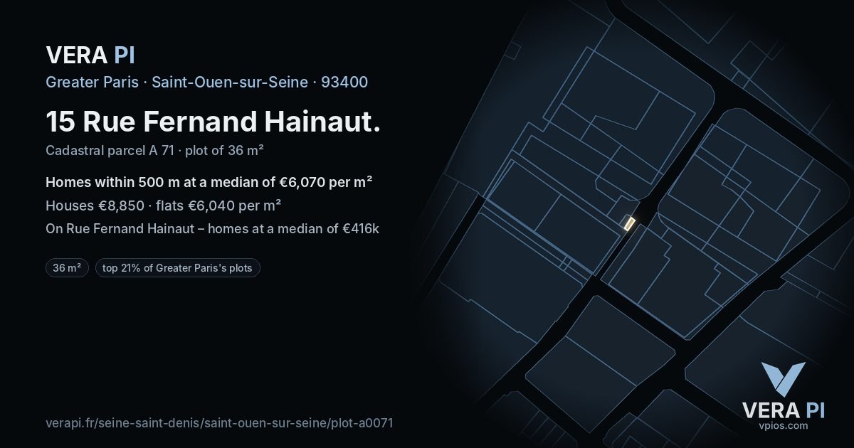 15 Rue Fernand Hainaut, Saint-Ouen-sur-Seine at night – the plot lit, the parcels around coloured by the prices near them