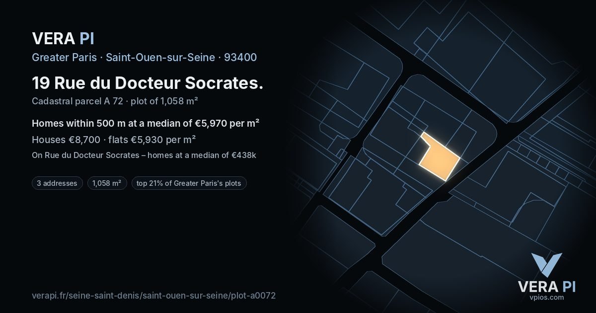 19 Rue du Docteur Socrates, Saint-Ouen-sur-Seine at night – the plot lit, the parcels around coloured by the prices near them