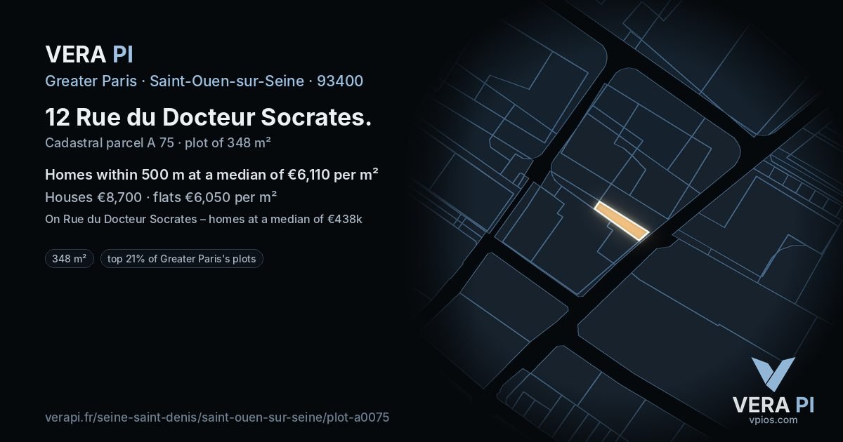 12 Rue du Docteur Socrates, Saint-Ouen-sur-Seine at night – the plot lit, the parcels around coloured by the prices near them