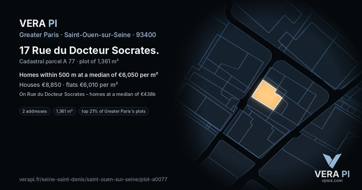 17 Rue du Docteur Socrates, Saint-Ouen-sur-Seine at night – the plot lit, the parcels around coloured by the prices near them