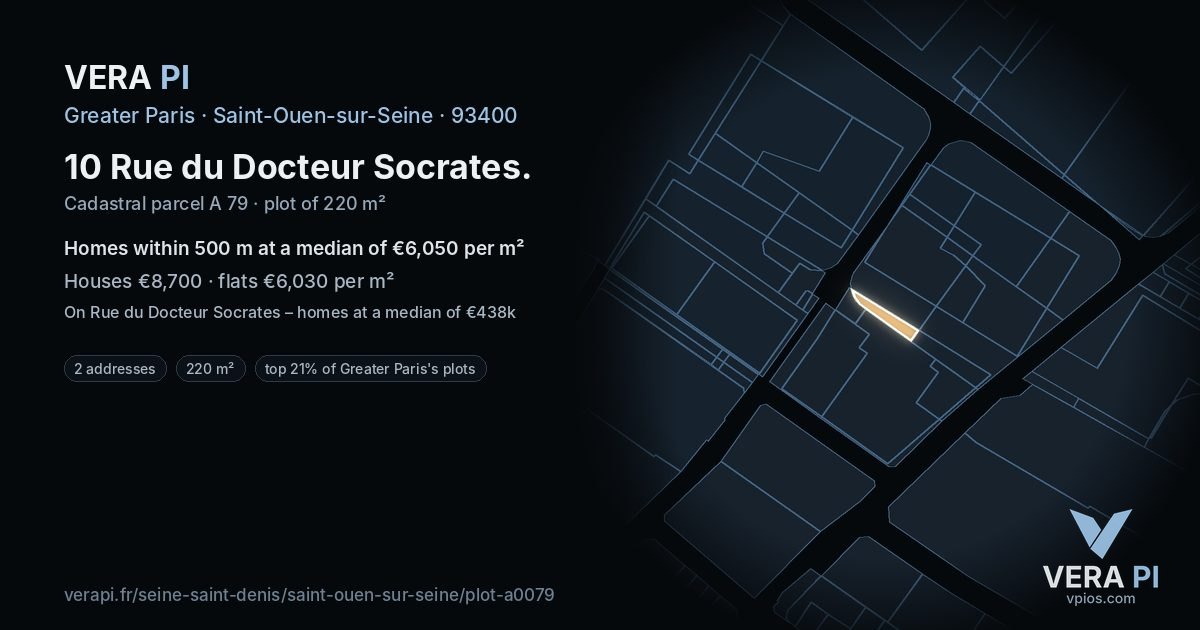 10 Rue du Docteur Socrates, Saint-Ouen-sur-Seine at night – the plot lit, the parcels around coloured by the prices near them