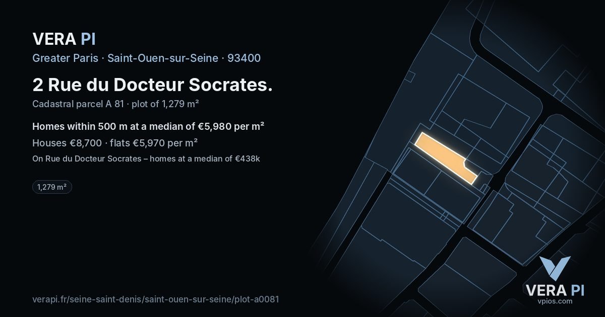 2 Rue du Docteur Socrates, Saint-Ouen-sur-Seine at night – the plot lit, the parcels around coloured by the prices near them