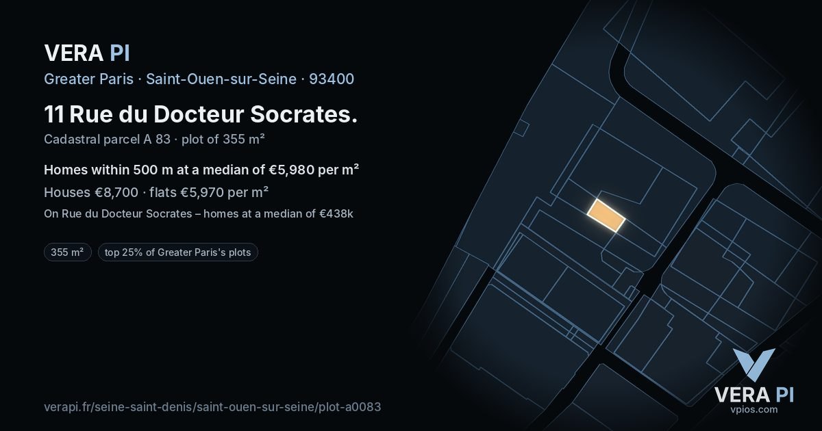 11 Rue du Docteur Socrates, Saint-Ouen-sur-Seine at night – the plot lit, the parcels around coloured by the prices near them