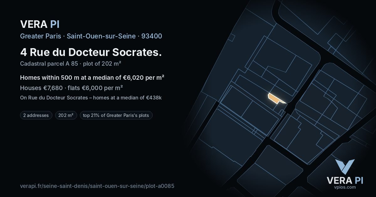 4 Rue du Docteur Socrates, Saint-Ouen-sur-Seine at night – the plot lit, the parcels around coloured by the prices near them