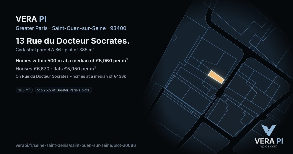 13 Rue du Docteur Socrates, Saint-Ouen-sur-Seine at night – the plot lit, the parcels around coloured by the prices near them