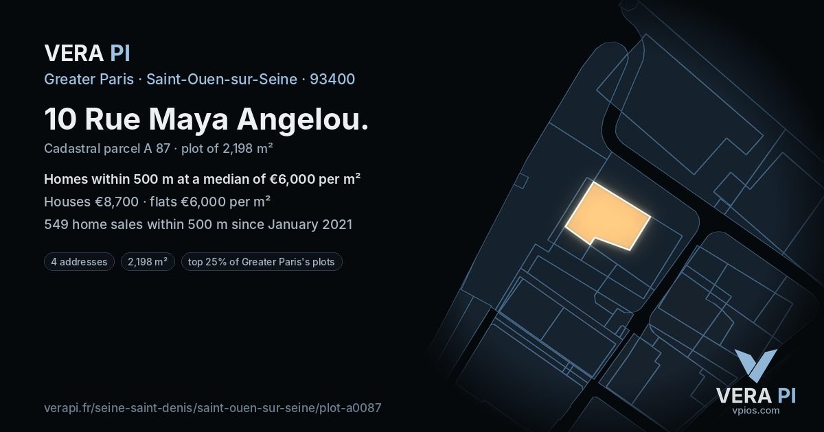 10 Rue Maya Angelou, Saint-Ouen-sur-Seine at night – the plot lit, the parcels around coloured by the prices near them