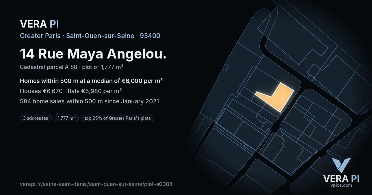 14 Rue Maya Angelou, Saint-Ouen-sur-Seine at night – the plot lit, the parcels around coloured by the prices near them