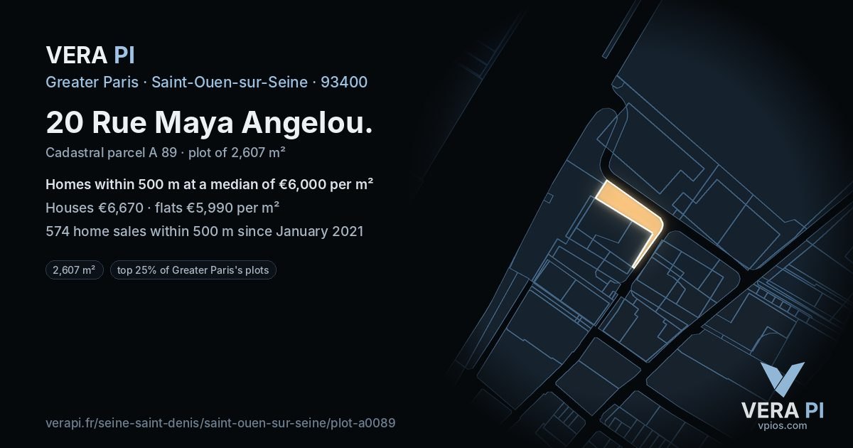 20 Rue Maya Angelou, Saint-Ouen-sur-Seine at night – the plot lit, the parcels around coloured by the prices near them