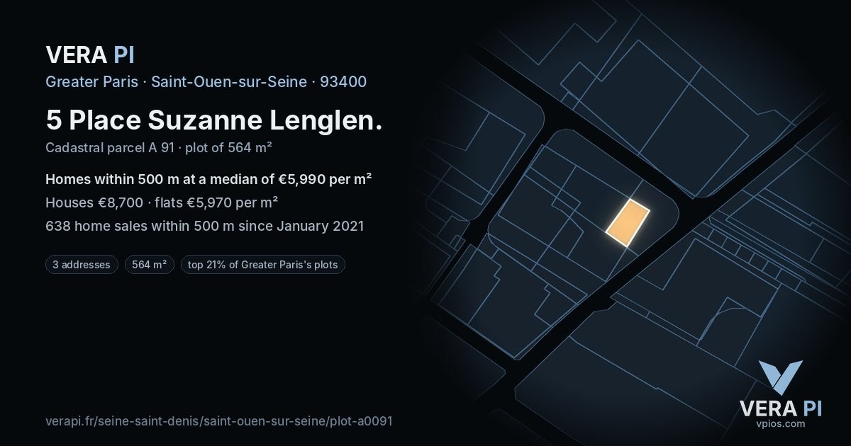 5 Place Suzanne Lenglen, Saint-Ouen-sur-Seine at night – the plot lit, the parcels around coloured by the prices near them