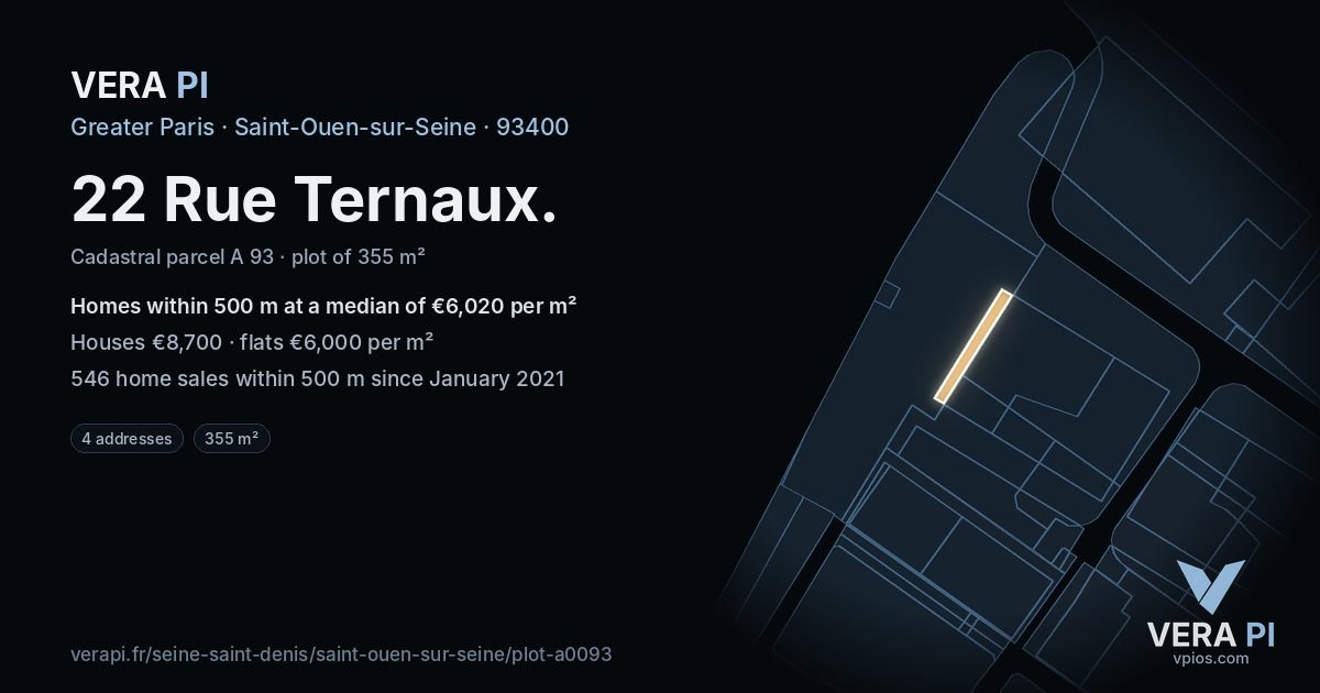 22 Rue Ternaux, Saint-Ouen-sur-Seine at night – the plot lit, the parcels around coloured by the prices near them