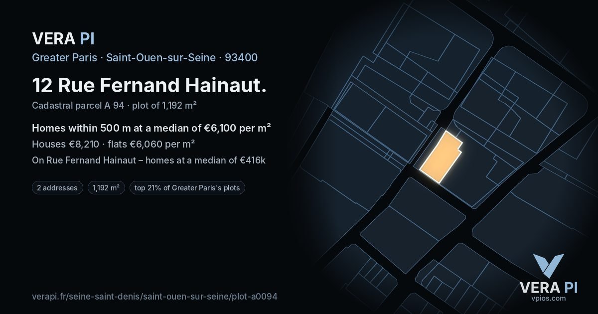 12 Rue Fernand Hainaut, Saint-Ouen-sur-Seine at night – the plot lit, the parcels around coloured by the prices near them