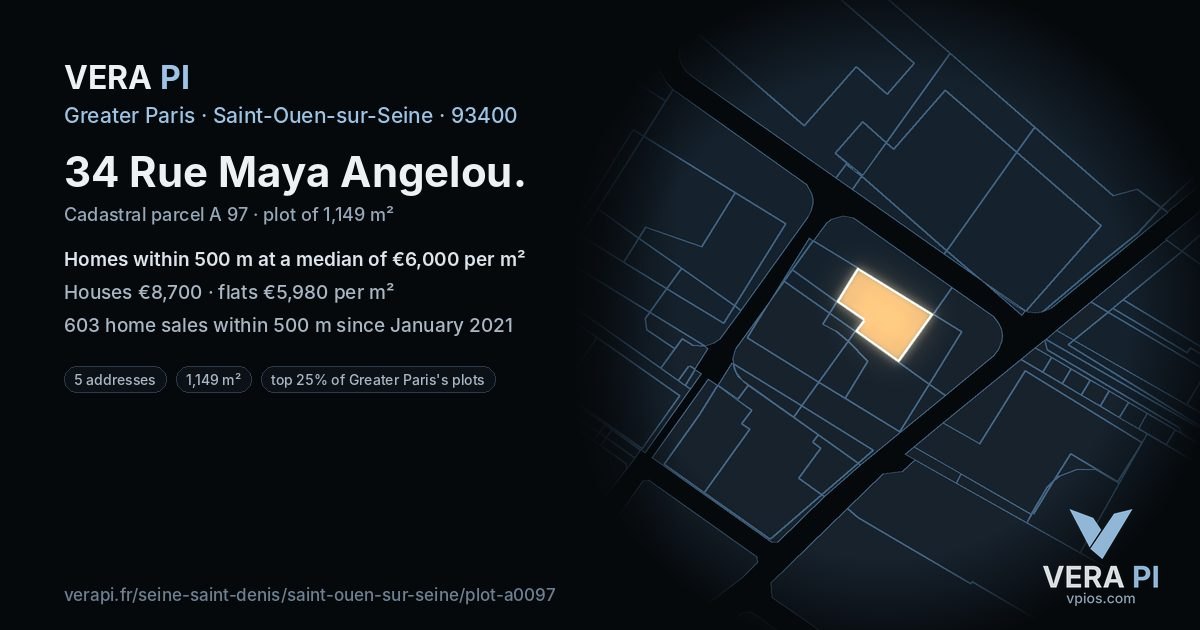 34 Rue Maya Angelou, Saint-Ouen-sur-Seine at night – the plot lit, the parcels around coloured by the prices near them
