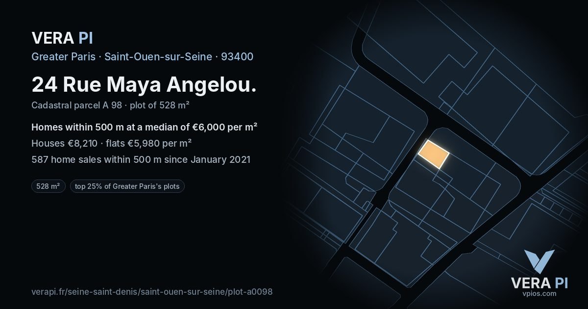 24 Rue Maya Angelou, Saint-Ouen-sur-Seine at night – the plot lit, the parcels around coloured by the prices near them