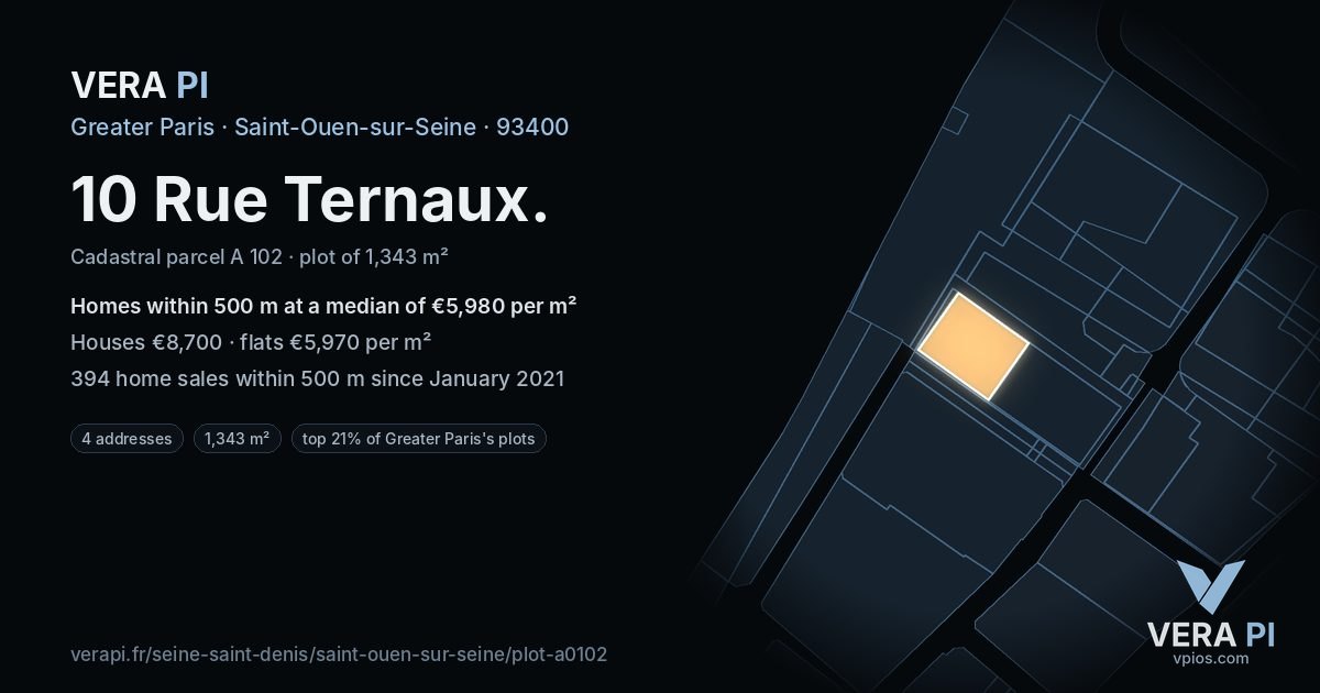 10 Rue Ternaux, Saint-Ouen-sur-Seine at night – the plot lit, the parcels around coloured by the prices near them