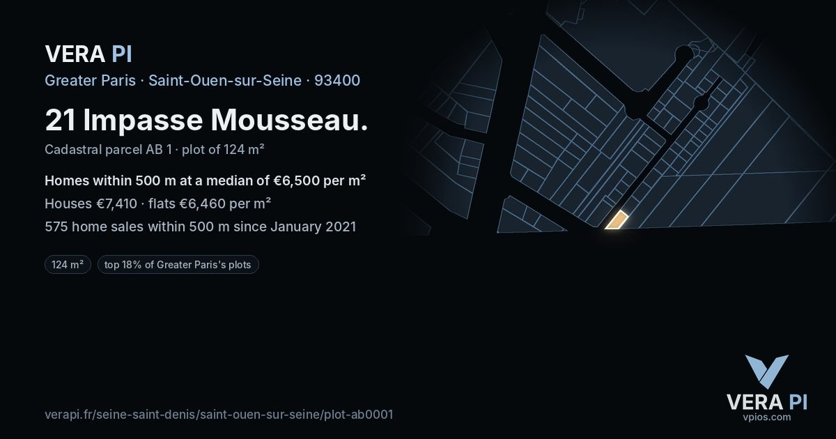 21 Impasse Mousseau, Saint-Ouen-sur-Seine at night – the plot lit, the parcels around coloured by the prices near them