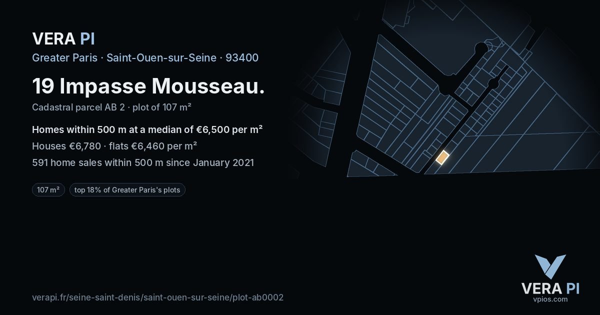 19 Impasse Mousseau, Saint-Ouen-sur-Seine at night – the plot lit, the parcels around coloured by the prices near them