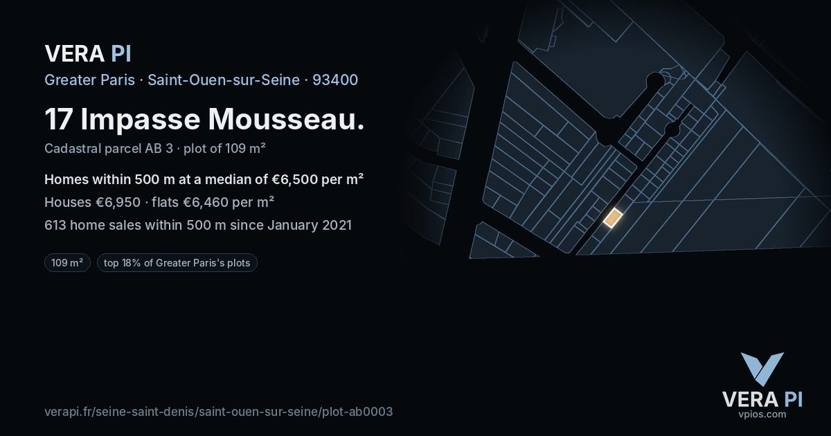 17 Impasse Mousseau, Saint-Ouen-sur-Seine at night – the plot lit, the parcels around coloured by the prices near them