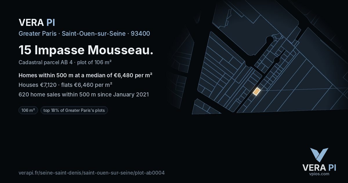 15 Impasse Mousseau, Saint-Ouen-sur-Seine at night – the plot lit, the parcels around coloured by the prices near them