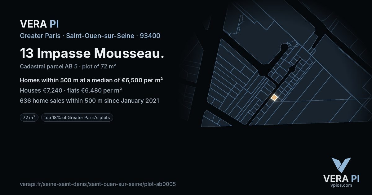 13 Impasse Mousseau, Saint-Ouen-sur-Seine at night – the plot lit, the parcels around coloured by the prices near them