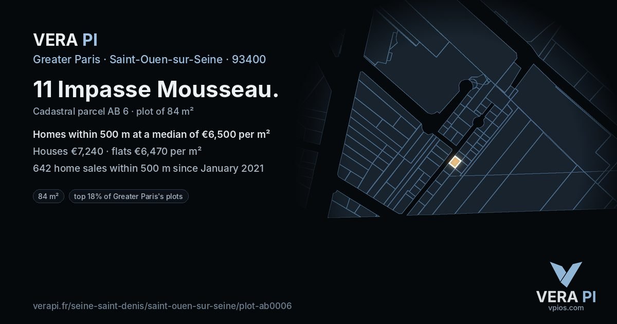 11 Impasse Mousseau, Saint-Ouen-sur-Seine at night – the plot lit, the parcels around coloured by the prices near them